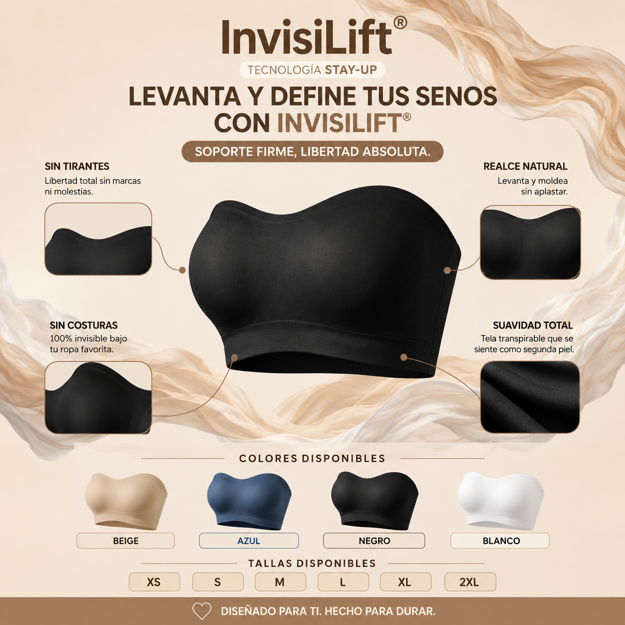 Top Bandeau InvisiLift™: Cero Aros, Soporte Total y Realce Natural