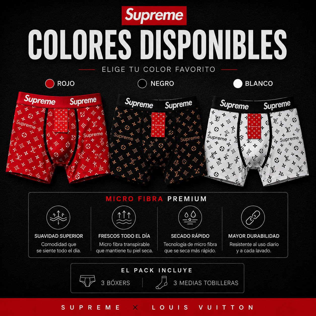 Colaboración Exclusiva: Pack de 3 Bóxers Supreme x LV |Edición Limitada