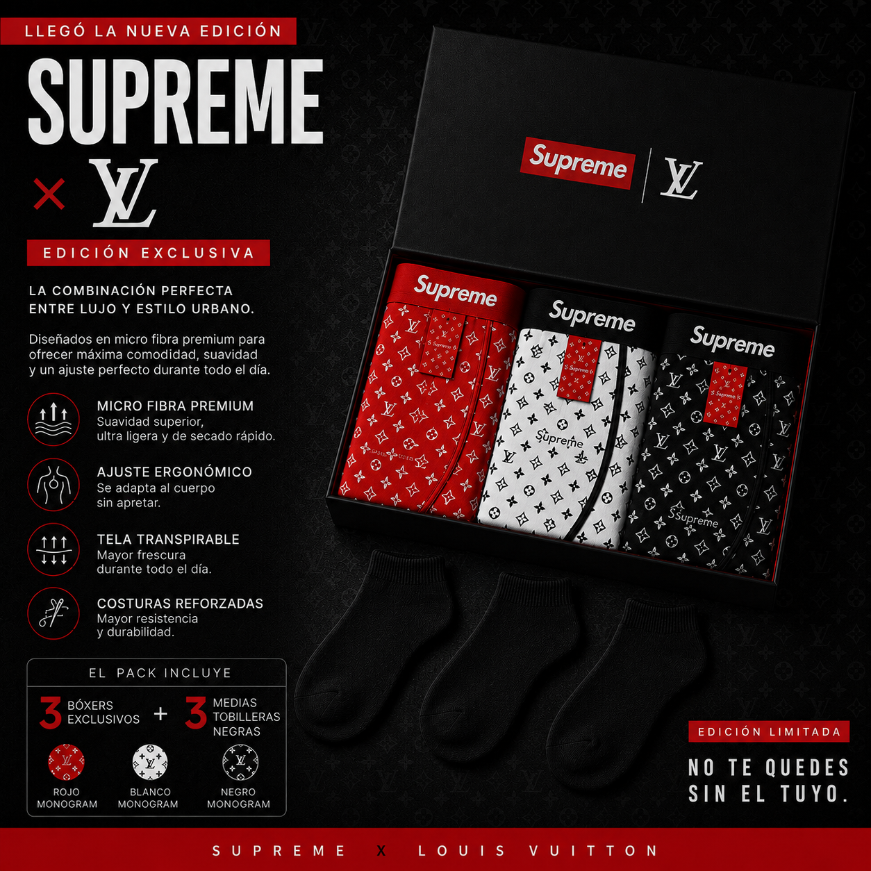 Colaboración Exclusiva: Pack de 3 Bóxers Supreme x LV |Edición Limitada